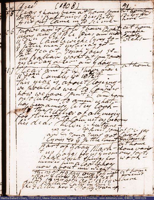 Dec. 29-31, 1808 diary page (image, 122K). Choose 'View Text' (at left) for faster download.