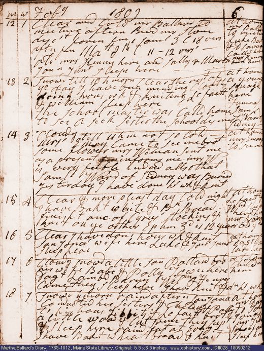 Feb. 12-18, 1809 diary page (image, 137K). Choose 'View Text' (at left) for faster download.