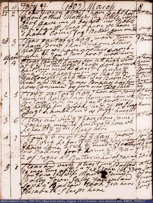 Feb. 27-Mar. 5, 1809 diary page (image, 139K). Choose 'View Text' (at left) for faster download.