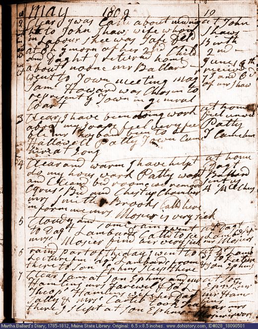 May 1-6, 1809 diary page (image, 135K). Choose 'View Text' (at left) for faster download.