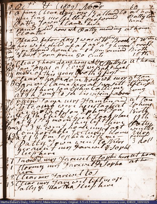 Oct. 29-Nov. 7, 1809 diary page (image, 136K). Choose 'View Text' (at left) for faster download.