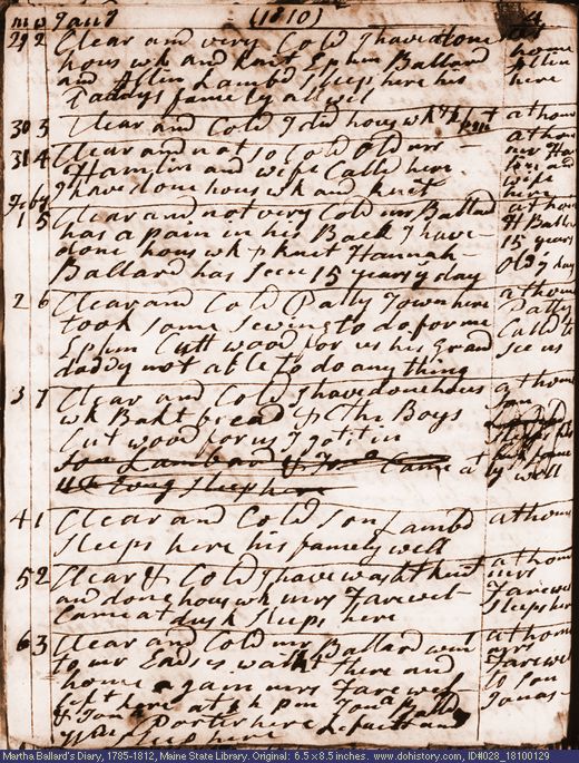 Jan. 29-Feb. 6, 1810 diary page (image, 137K). Choose 'View Text' (at left) for faster download.