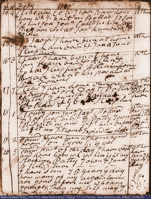 Feb. 14-20, 1810 diary page (image, 133K). Choose 'View Text' (at left) for faster download.
