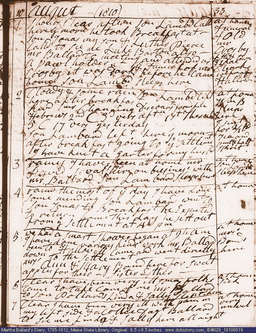 Aug. 19-25, 1810 diary page (image, 142K). Choose 'View Text' (at left) for faster download.