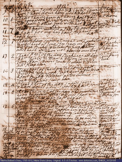 Jan. 9-19, 1812 diary page (image, 147K). Choose 'View Text' (at left) for faster download.