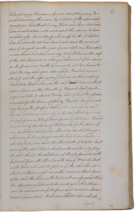 Land deeds of Rev. Foster August 2, 1790 Page 67. Choose 'View Text' (at top) for faster download.