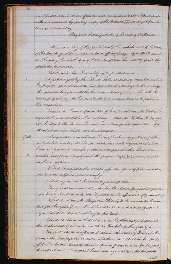 Hallowell Town Records (Transcription by John Sewall) folio 86 (September 9, 1788 meeting). Choose 'View Text' (at top) for faster download.