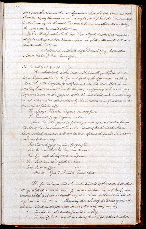 Hallowell Town Records (Transcription by John Sewall) folio 93 (December 18, 1788 meeting). Choose 'View Text' (at top) for faster download.