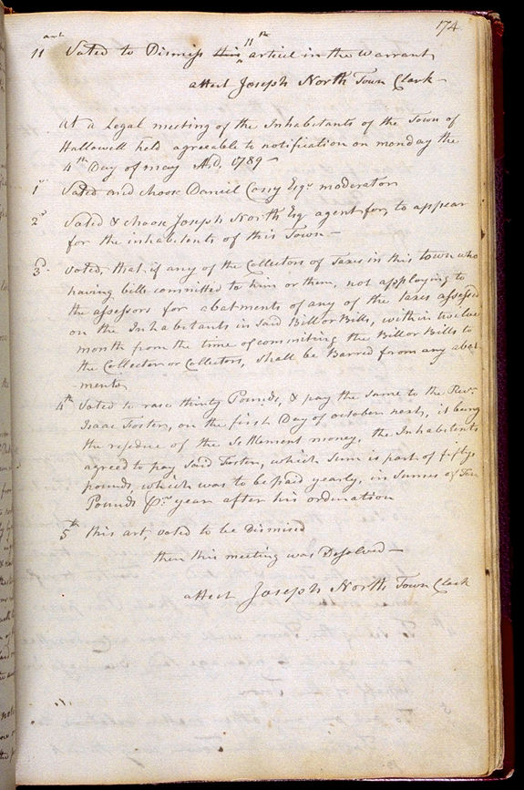 Hallowell Town Records (Original) folio 174 (May 4, 1789 meeting). Choose 'View Text' (at top) for faster download.