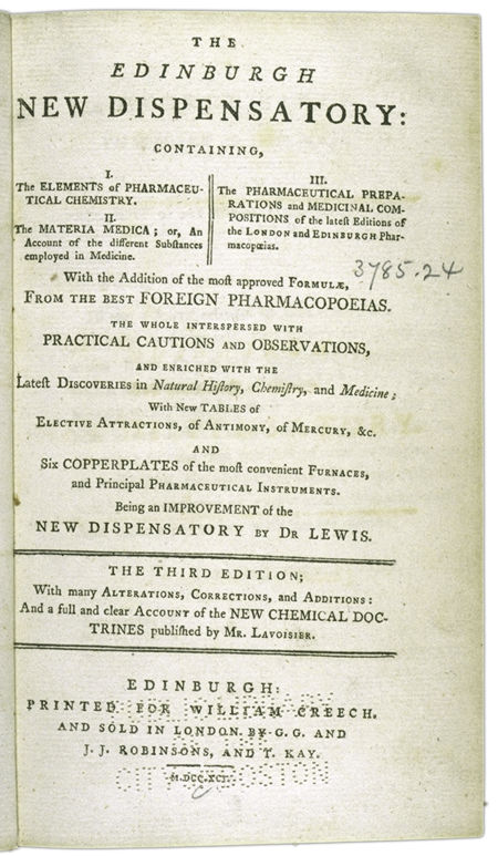 The Edinburgh New Dispensatory Title page. Choose 'View Text' (at top) for faster download.