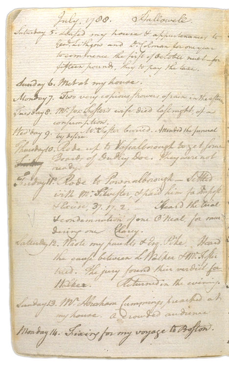 Henry Sewall's Diary July 5 through July 14, 1788. Choose 'View Text' (at top) for faster download.