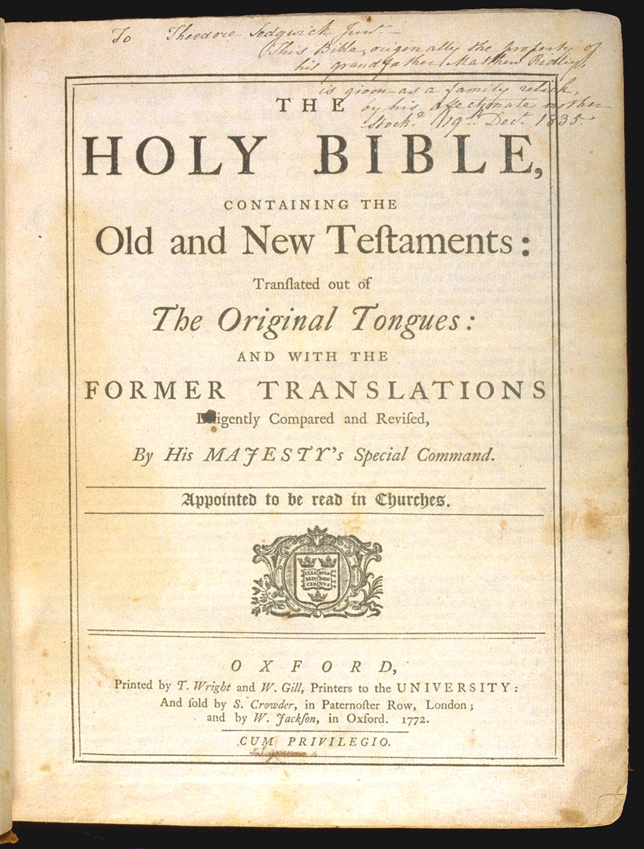 The Holy Bible, King James version Title page. Choose 'View Text' (at top) for faster download.