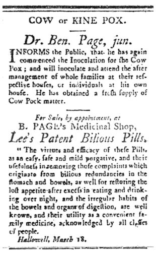 Advertisement for inoculation against Cow or Kine Pox Ad. Choose 'View Text' (at top) for faster download.
