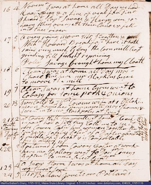 Nov. 16-24, 1785 diary page (image, 107K). Choose 'View Text' (at left) for faster download.