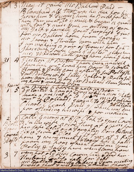 May 30-Jun. 3, 1786 diary page (image, 130K). Choose 'View Text' (at left) for faster download.