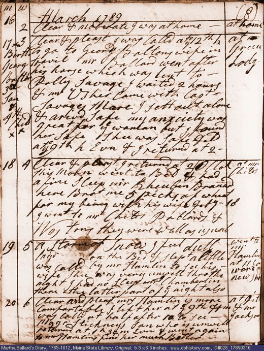 Mar. 16-20, 1789 diary page (image, 133K). Choose 'View Text' (at left) for faster download.