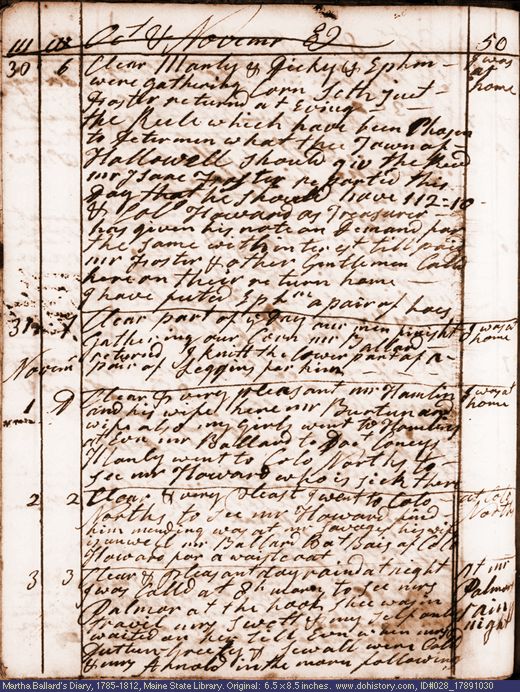 Oct. 30-Nov. 3, 1789 diary page (image, 135K). Choose 'View Text' (at left) for faster download.