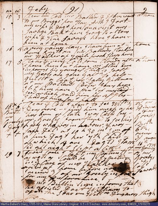 Feb. 15-19, 1791 diary page (image, 124K). Choose 'View Text' (at left) for faster download.