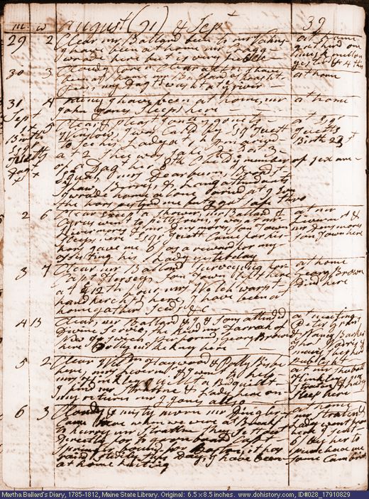Aug. 29-Sep. 6, 1791 diary page (image, 143K). Choose 'View Text' (at left) for faster download.