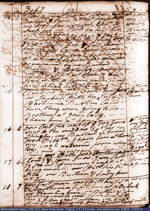 Feb. 14-18, 1792 diary page (image, 136K). Choose 'View Text' (at left) for faster download.