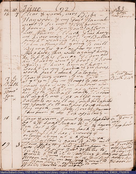 Jun. 16-19, 1792 diary page (image, 110K). Choose 'View Text' (at left) for faster download.
