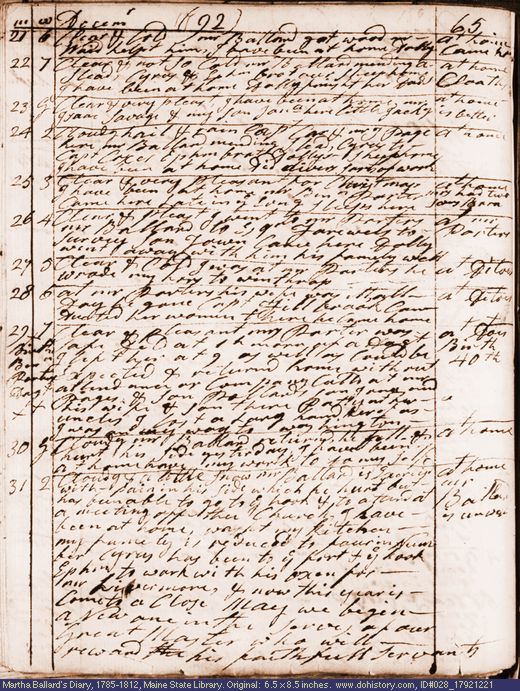 Dec. 21-31, 1792 diary page (image, 140K). Choose 'View Text' (at left) for faster download.