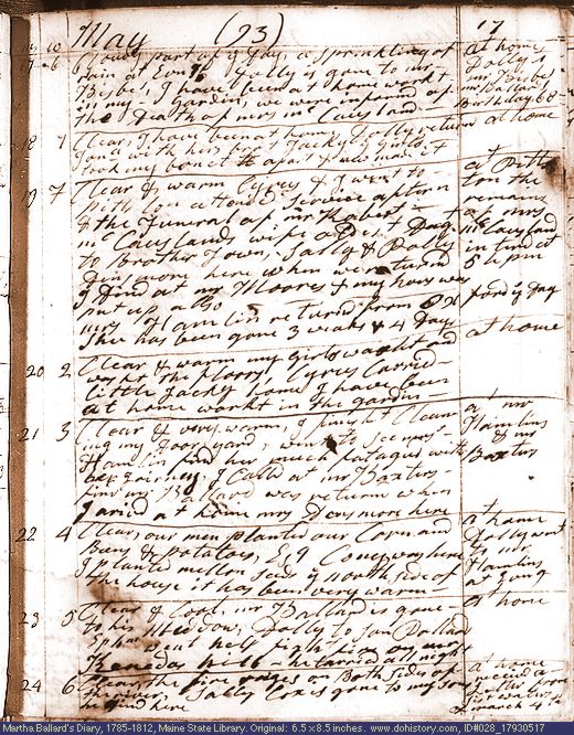 May 17-24, 1793 diary page (image, 139K). Choose 'View Text' (at left) for faster download.