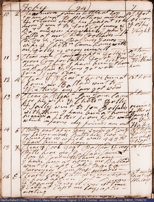 Feb. 10-16, 1794 diary page (image, 125K). Choose 'View Text' (at left) for faster download.