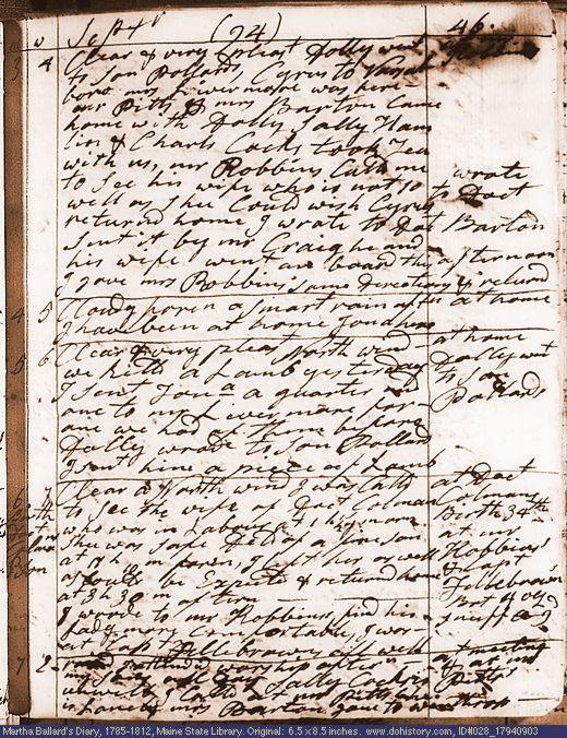 Sep. 3-7, 1794 diary page (image, 140K). Choose 'View Text' (at left) for faster download.