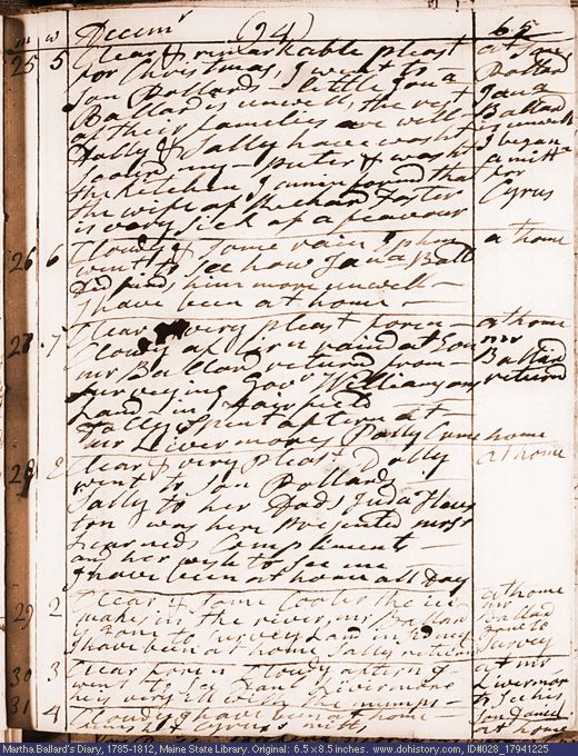 Dec. 25-31, 1794 diary page (image, 130K). Choose 'View Text' (at left) for faster download.