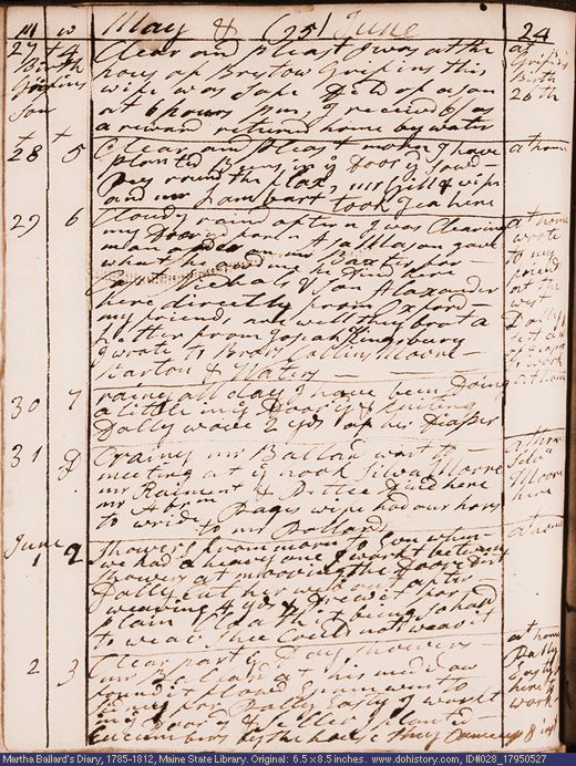 May 27-Jun. 2, 1795 diary page (image, 129K). Choose 'View Text' (at left) for faster download.