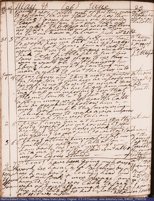 May 30-Jun. 4, 1796 diary page (image, 142K). Choose 'View Text' (at left) for faster download.