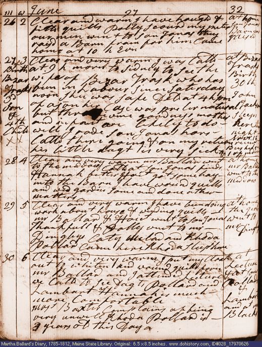 Jun. 26-30, 1797 diary page (image, 140K). Choose 'View Text' (at left) for faster download.