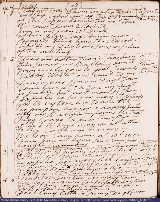 Jul. 1-4, 1798 diary page (image, 115K). Choose 'View Text' (at left) for faster download.