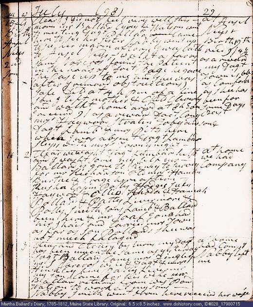 Jul. 15-17, 1798 diary page (image, 127K). Choose 'View Text' (at left) for faster download.