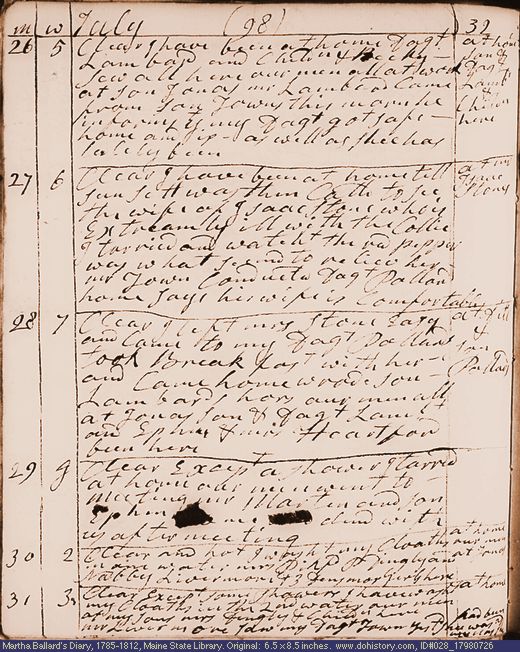 Jul. 26-31, 1798 diary page (image, 114K). Choose 'View Text' (at left) for faster download.