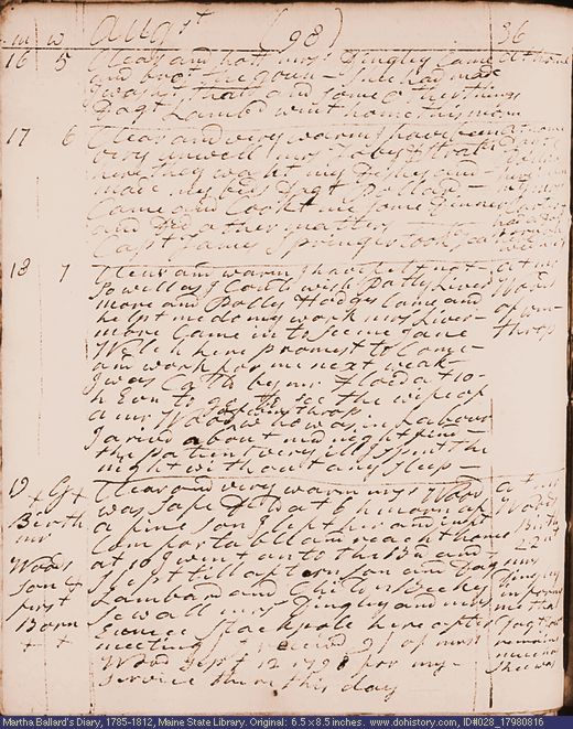 Aug. 16-19, 1798 diary page (image, 107K). Choose 'View Text' (at left) for faster download.