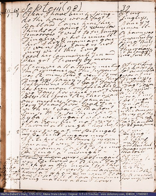 Sep. 1-4, 1798 diary page (image, 130K). Choose 'View Text' (at left) for faster download.