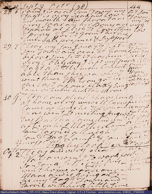 Sep. 28-Oct. 1, 1798 diary page (image, 107K). Choose 'View Text' (at left) for faster download.