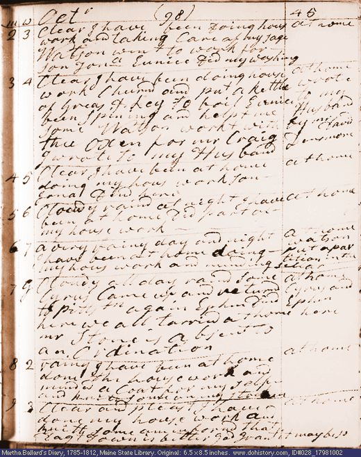 Oct. 2-9, 1798 diary page (image, 107K). Choose 'View Text' (at left) for faster download.