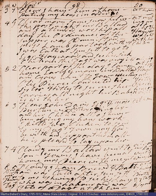 Nov. 3-8, 1798 diary page (image, 114K). Choose 'View Text' (at left) for faster download.