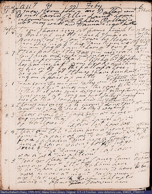 Jan. 31-Feb. 7, 1799 diary page (image, 136K). Choose 'View Text' (at left) for faster download.