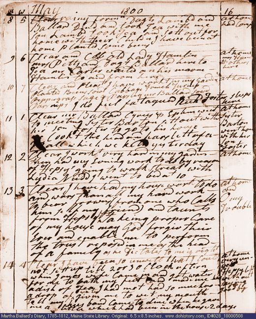 May 8-14, 1800 diary page (image, 128K). Choose 'View Text' (at left) for faster download.