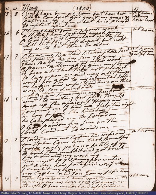 May 15-20, 1800 diary page (image, 119K). Choose 'View Text' (at left) for faster download.