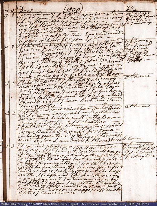 Dec. 19-23, 1800 diary page (image, 138K). Choose 'View Text' (at left) for faster download.