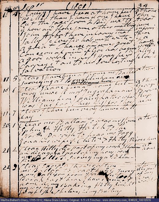 Sep. 16-22, 1801 diary page (image, 135K). Choose 'View Text' (at left) for faster download.