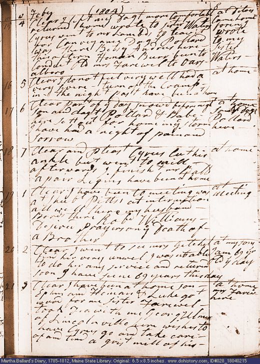 Feb. 15-21, 1804 diary page (image, 132K). Choose 'View Text' (at left) for faster download.
