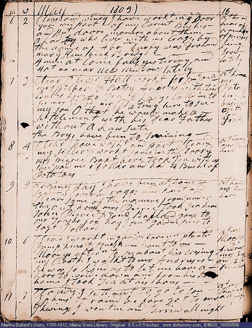 May 6-11, 1805 diary page (image, 136K). Choose 'View Text' (at left) for faster download.