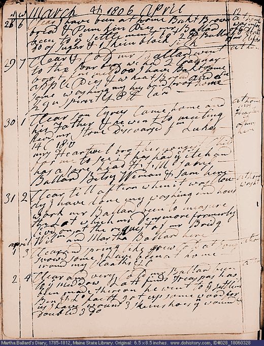 Mar. 28-Apr. 2, 1806 diary page (image, 135K). Choose 'View Text' (at left) for faster download.