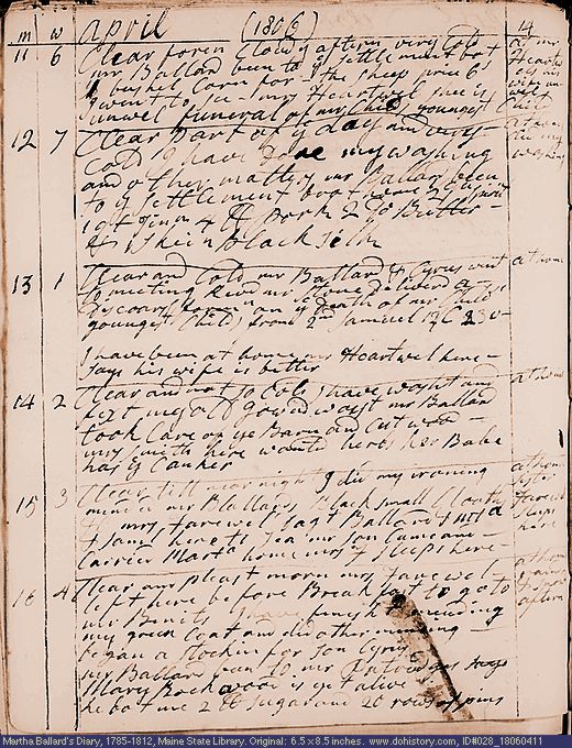 Apr. 11-16, 1806 diary page (image, 135K). Choose 'View Text' (at left) for faster download.